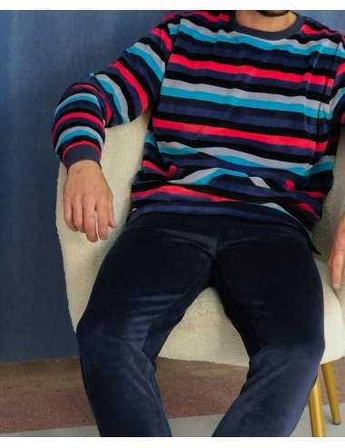 Pijama largo de terciopelo para hombre a rayas en tonos azules. 100% algodón | Giulio