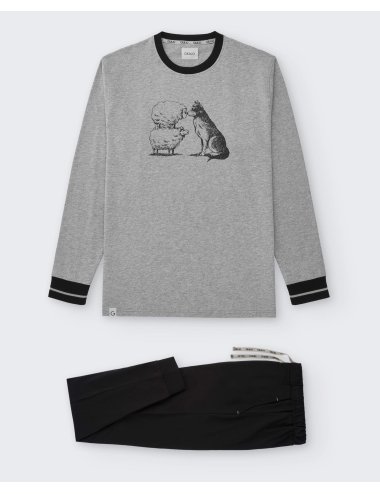 Pijama largo de punto estampado para hombre en 100% Algodón. Modelo Wolf | Giulio