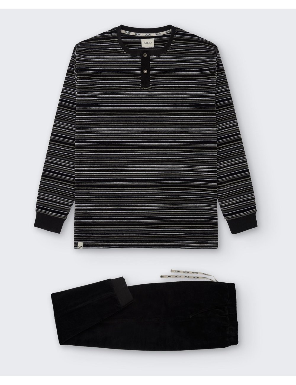 Pijama largo de terciopelo para hombre a rayas en tonos negros. 100% algodón | Giulio