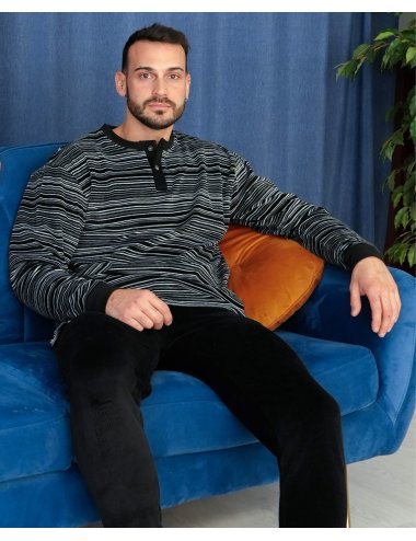 Pijama largo de terciopelo para hombre a rayas en tonos negros. 100% algodón | Giulio
