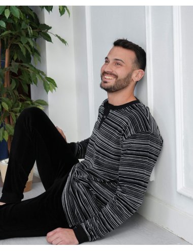 Men's elegant velvet stripped long pajamas in black tones - Giulio pajamas set Andy