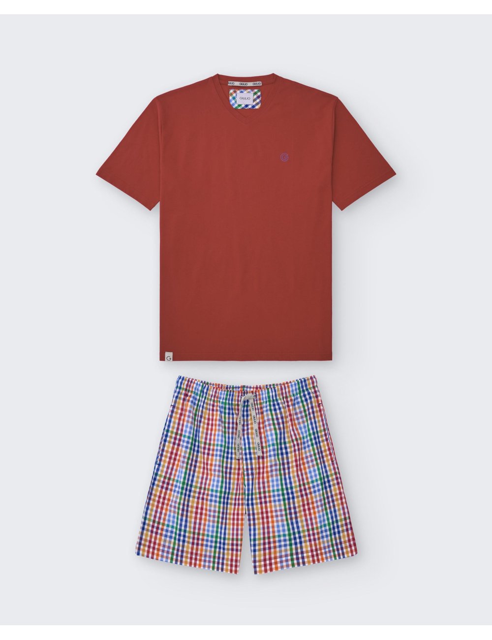 Pijama Corto Hombre con Camiseta Roja y Pantalón de Cuadros Funk | Giulio