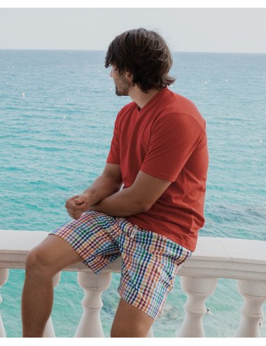 Men’s Short Pajama Set with Red T-Shirt and Check Shorts | Giulio