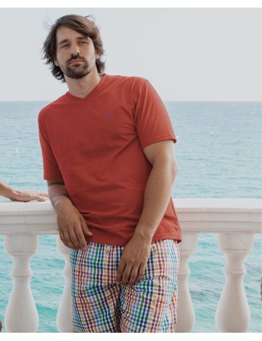 Men’s Short Pajama Set with Red T-Shirt and Check Shorts | Giulio