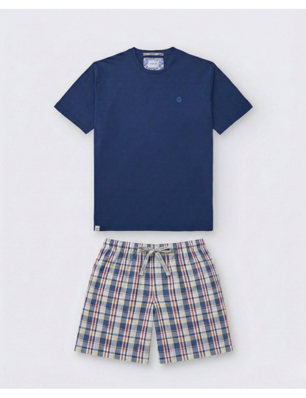 Men’s Short Pajama Set with Blue T-Shirt and Check Shorts | Giulio