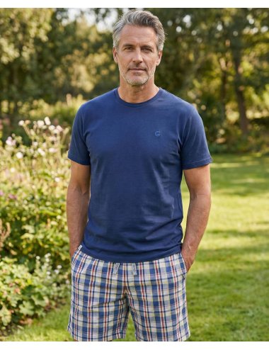 Pijama Corto Hombre con Camiseta Azul y Pantalón de Cuadros Graus | Giulio
