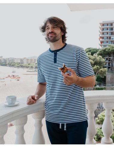 Men’s Short Striped Pajama Set Navy | Knit Summer Sleepwear | Giulio