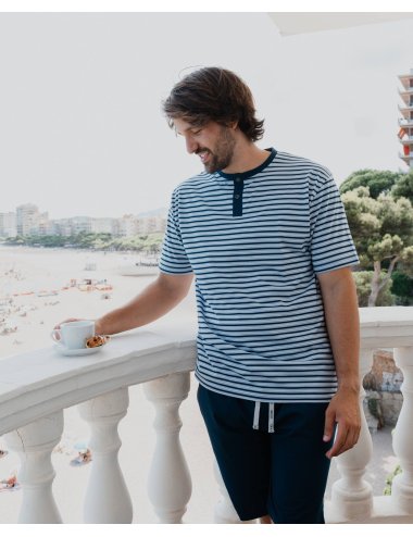 Men’s Short Striped Pajama Set Navy | Knit Summer Sleepwear | Giulio