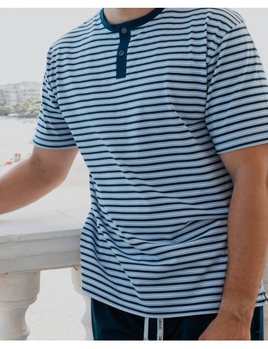 Pijama Corto Hombre Rayas Azul Marino Indie | Conjunto Punto Verano | Giulio
