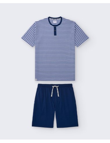 Men’s Short Striped Pajama Set Navy | Knit Summer Sleepwear | Giulio