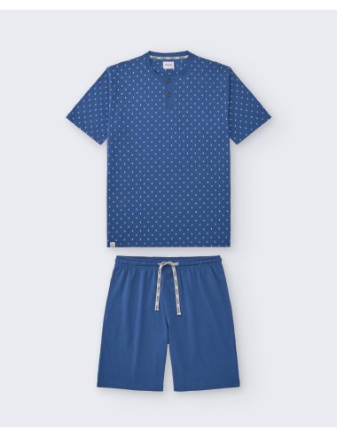 Pijama Corto de punto Hombre con Estampado Geométrico Azul Country|  Giulio