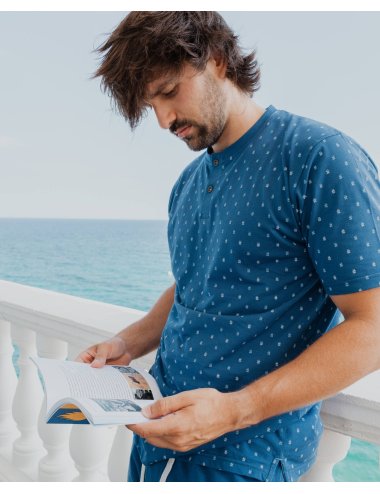 Pijama Corto de punto Hombre con Estampado Geométrico Azul Country|  Giulio