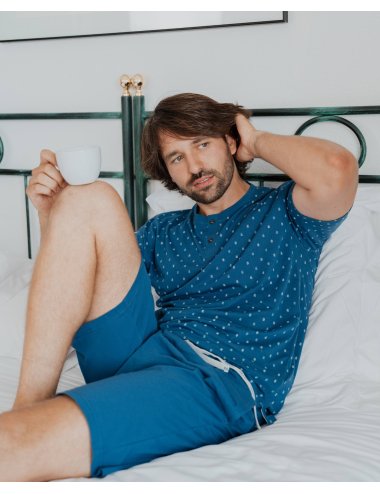 Pijama Corto de punto Hombre con Estampado Geométrico Azul Country|  Giulio