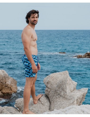 Grunge Men’s Polyester Swimsuit with camouflage-style print | Color Blue | Giulio
