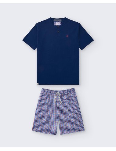 Pijama Corto Hombre con Camiseta Azul y Pantalón de Cuadros Blues | Giulio